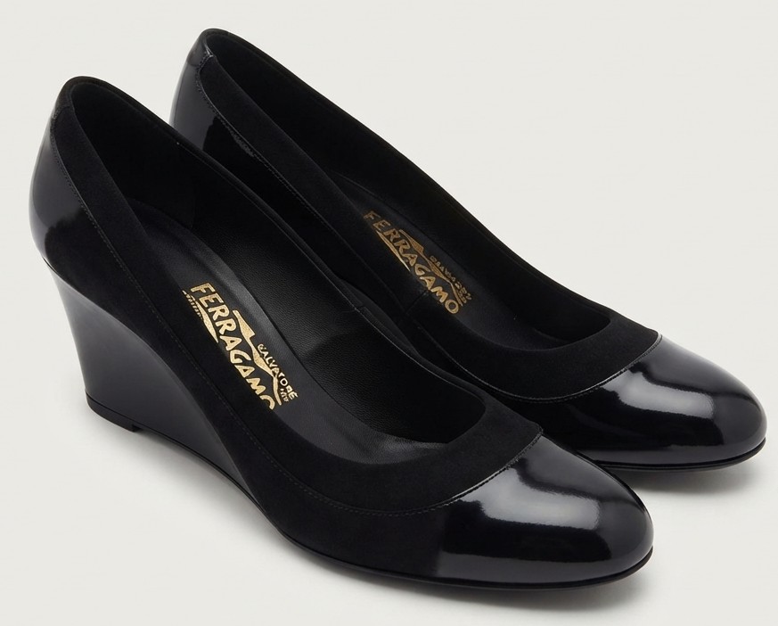 Zapatos Taco Terraplén 100% Cuero Italiano, Gamuza y Charol Negro SALVATORE FERRAGAMO (39)  1