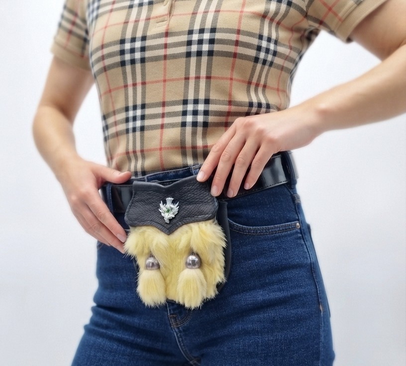 Banano de Cintura Tipo Sporran Escocés Piel/Pelo y 100 % Cuero con Detalle Cardo  1