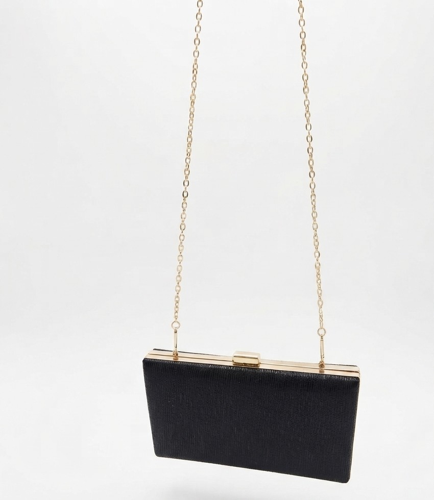 Cartera Clutch de Fiesta Negra Rígida con Cadena Dorada Desmontable NUEVO 2