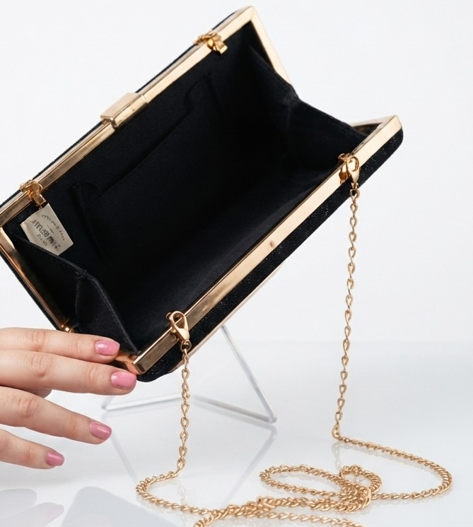 Cartera Clutch de Fiesta Negra Rígida con Cadena Dorada Desmontable NUEVO 3