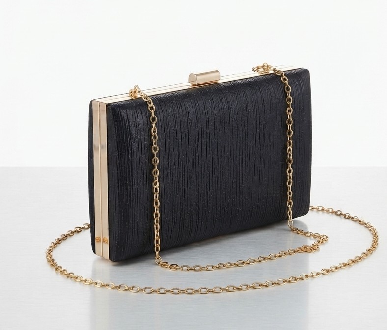 Cartera Clutch de Fiesta Negra Rígida con Cadena Dorada Desmontable NUEVO 1