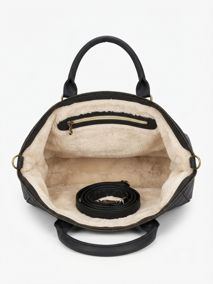 Bolso Negro Borde Efecto Borrego / Bordados Florales y Grafiti 