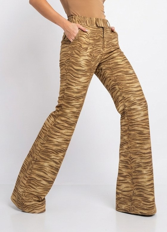 Pantalón Tiro Alto Acampanado Animal Print Dorado / Café CARMEN LABELLA (L 40-42) NUEVO CON ETIQUETAS 1