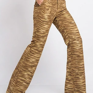 Pantalón Tiro Alto Acampanado Animal Print Dorado / Café CARMEN LABELLA (L-42) NUEVO CON ETIQUETAS