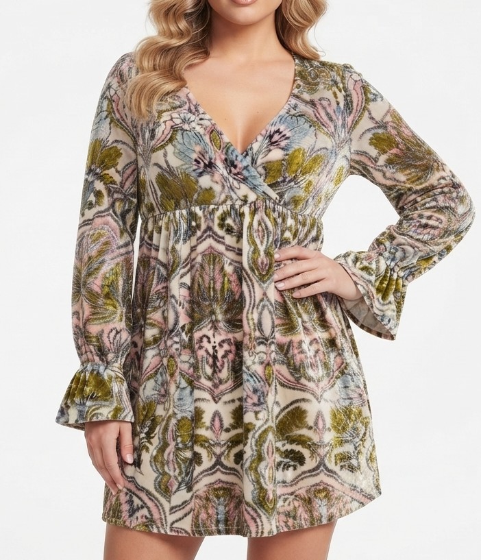 Vestido Corto Velvet Paisley Manga Larga / Boho Chic FREE PEOPLE (XS) SHOWROOM 1