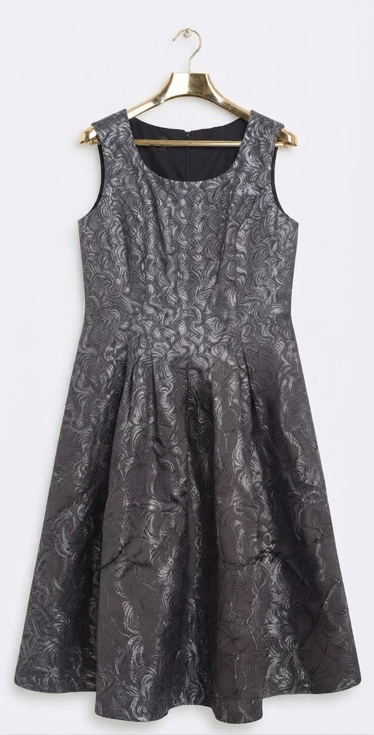 Vestido De Fiesta Brocado Plateado / Negro Con Pliegues BLACK LABEL (XL) NUEVO 2