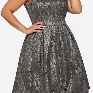 Vestido De Fiesta Brocado Plateado / Negro Con Pliegues BLACK LABEL (XL) NUEVO
