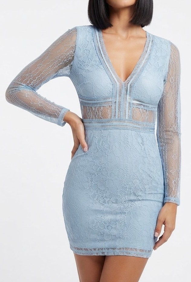 Vestido Corto Ajustado de Encaje Celeste con Manga Larga y Espalda Descubierta (XS-S) NUEVO 1