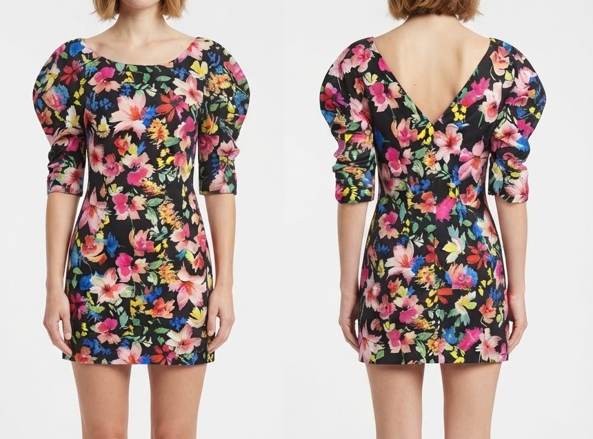 Vestido Floral con Mangas Abullonadas y Escote en V Posterior NICOPOLY (M-L) NUEVO CON ETIQUETAS 2
