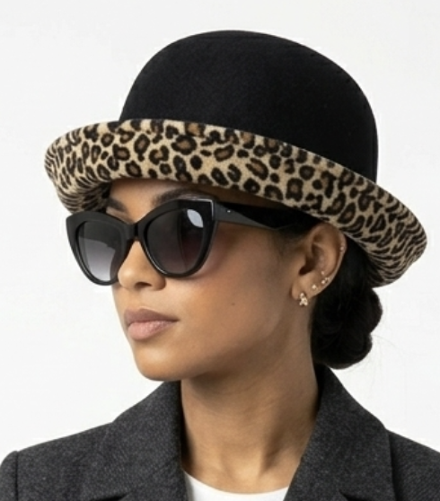 Sombrero Bowler 100% Lana Negro/Cheetah Y2K (XS) TRUE VINTAGE 1