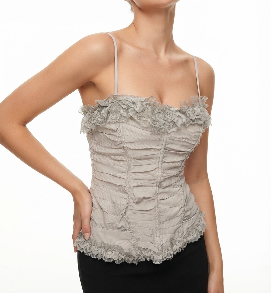 Top Corsé con Textura Plisada y Detalles de Encaje / Volantes (XS) SHOWROOM 1