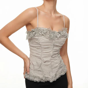 Top Corsé con Textura Plisada y Detalles de Encaje / Volantes (XS) SHOWROOM