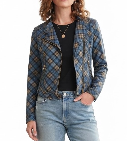 Chaqueta Biker Mezclilla Estampa Escocesa (S) SHOWROOM 1
