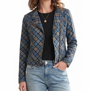 Chaqueta Biker Mezclilla Estampa Escocesa (S) SHOWROOM