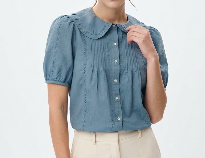 Blusa Azul Azulejo con Cuello Peter Pan y Alforzas UNIVERSAL THREAD (XS) NUEVO CON ETIQUETAS 1