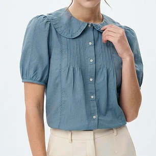 Blusa Azul Azulejo con Cuello Peter Pan y Alforzas UNIVERSAL THREAD (XS) NUEVO CON ETIQUETAS