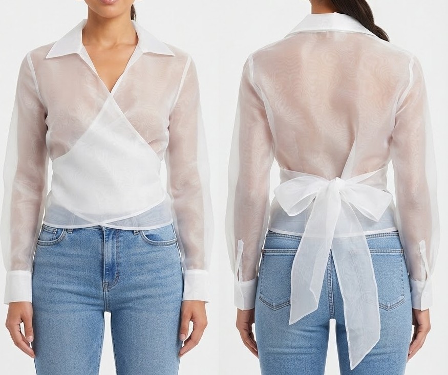 Blusa Transparente de Organza Blanca Cruzada Estilo Wrap con Lazo (S) SHOWROOM 1