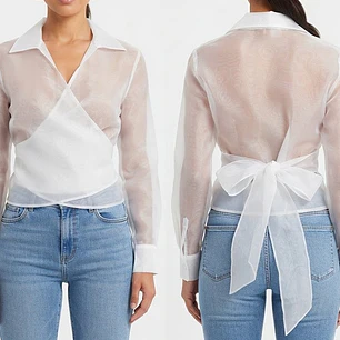 Blusa Transparente de Organza Blanca Cruzada Estilo Wrap con Lazo (S) SHOWROOM
