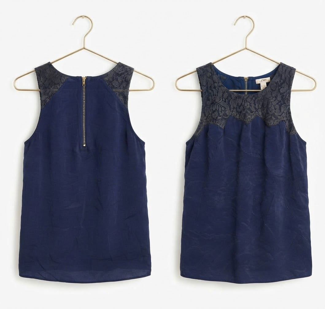 Blusa 100% Seda Azul Marino Con Encaje J. CREW (S) NUEVO CON ETIQUETAS 4