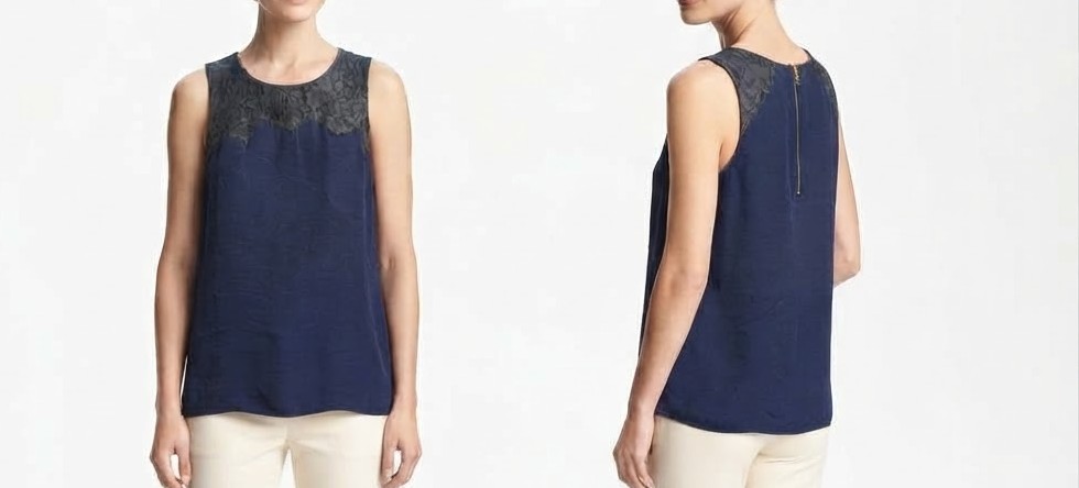 Blusa 100% Seda Azul Marino Con Encaje J. CREW (S) NUEVO CON ETIQUETAS 3