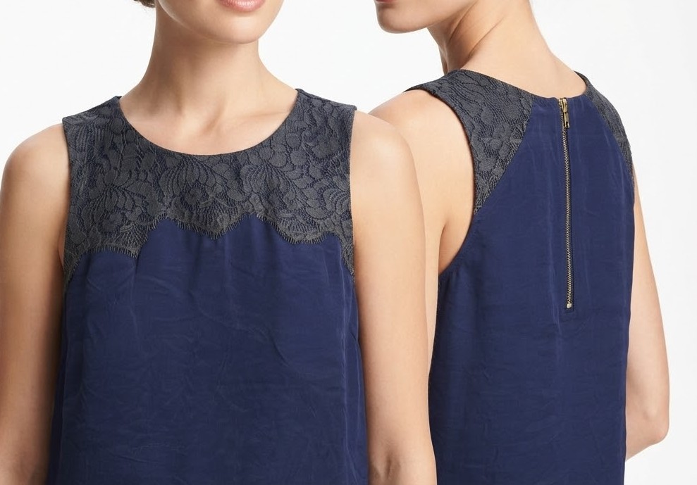 Blusa 100% Seda Azul Marino Con Encaje J. CREW (S) NUEVO CON ETIQUETAS 1
