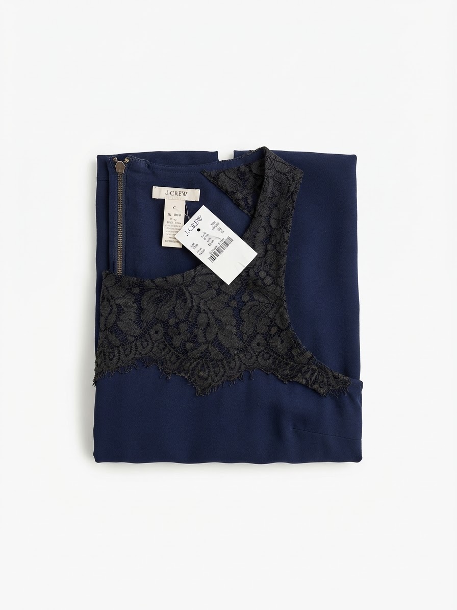 Blusa 100% Seda Azul Marino Con Encaje J. CREW (S) NUEVO CON ETIQUETAS 2