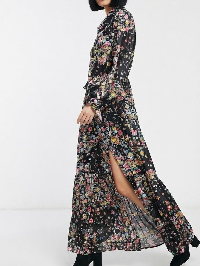 Vestido Maxi Floral de Manga Larga con Abertura Lateral y Cuello con Volantes TOPSHOP IDOL (S-M) NUEVO CON ETIQUETAS 3