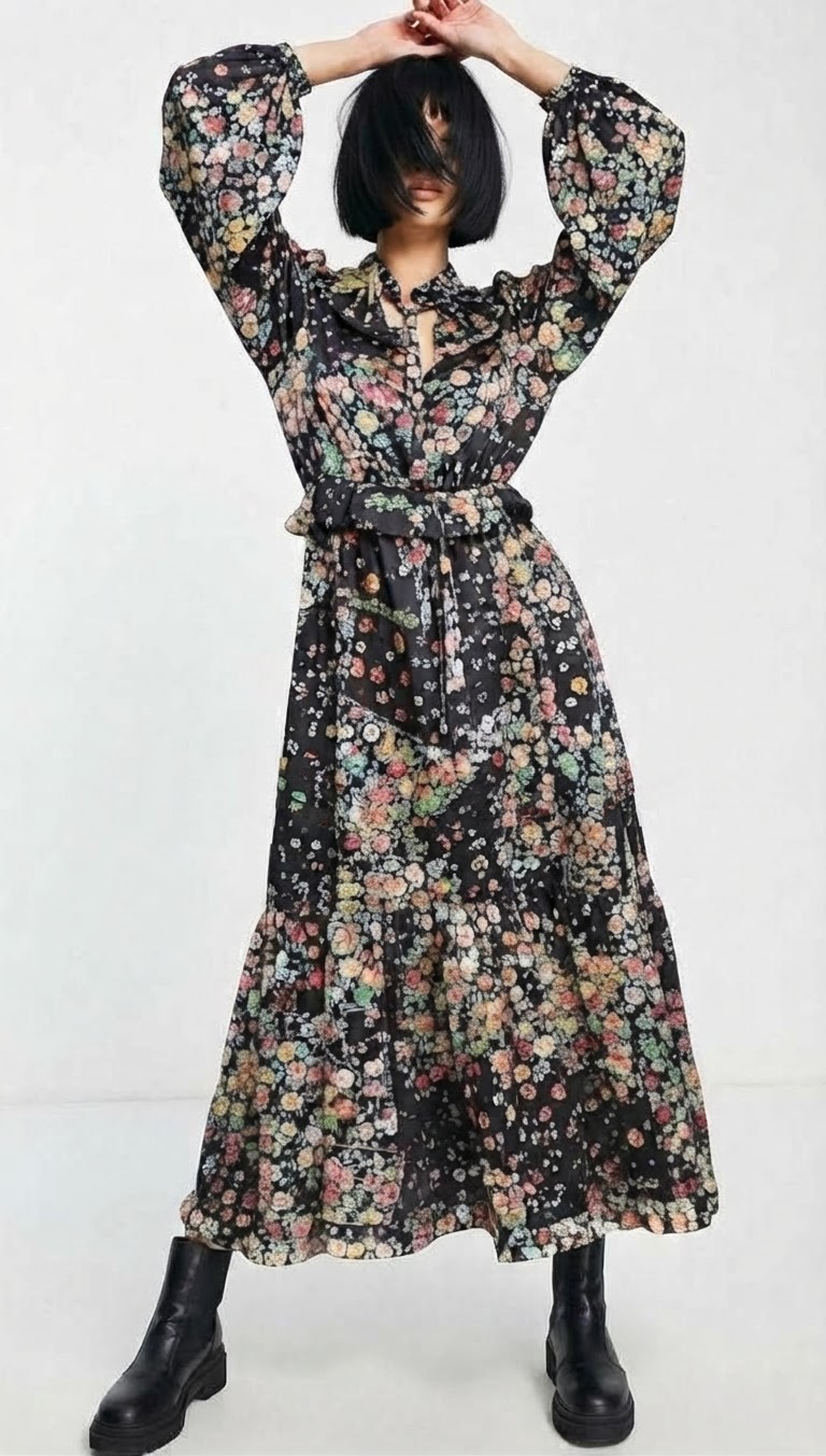 Vestido Maxi Floral de Manga Larga con Abertura Lateral y Cuello con Volantes TOPSHOP IDOL (S-M) NUEVO CON ETIQUETAS 1