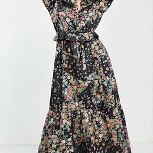 Vestido Maxi Floral de Manga Larga con Abertura Lateral y Cuello con Volantes TOPSHOP IDOL (S-M) NUEVO CON ETIQUETAS