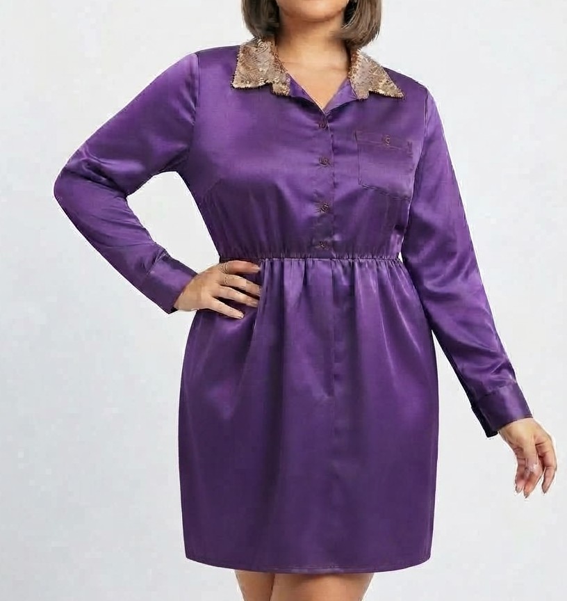 Vestido Camisero de Satén Púrpura con Cuello de Lentejuelas Doradas PINKY (M) NUEVO CON ETIQUETAS 1
