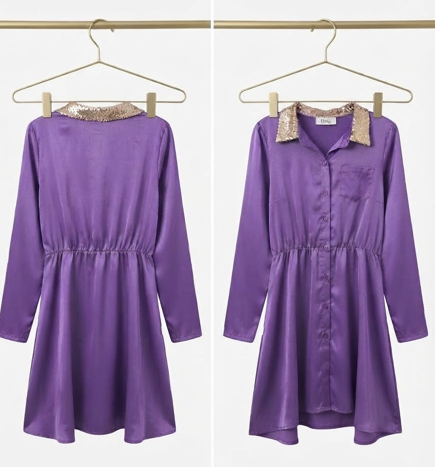 Vestido Camisero de Satén Púrpura con Cuello de Lentejuelas Doradas PINKY (M) NUEVO CON ETIQUETAS 2