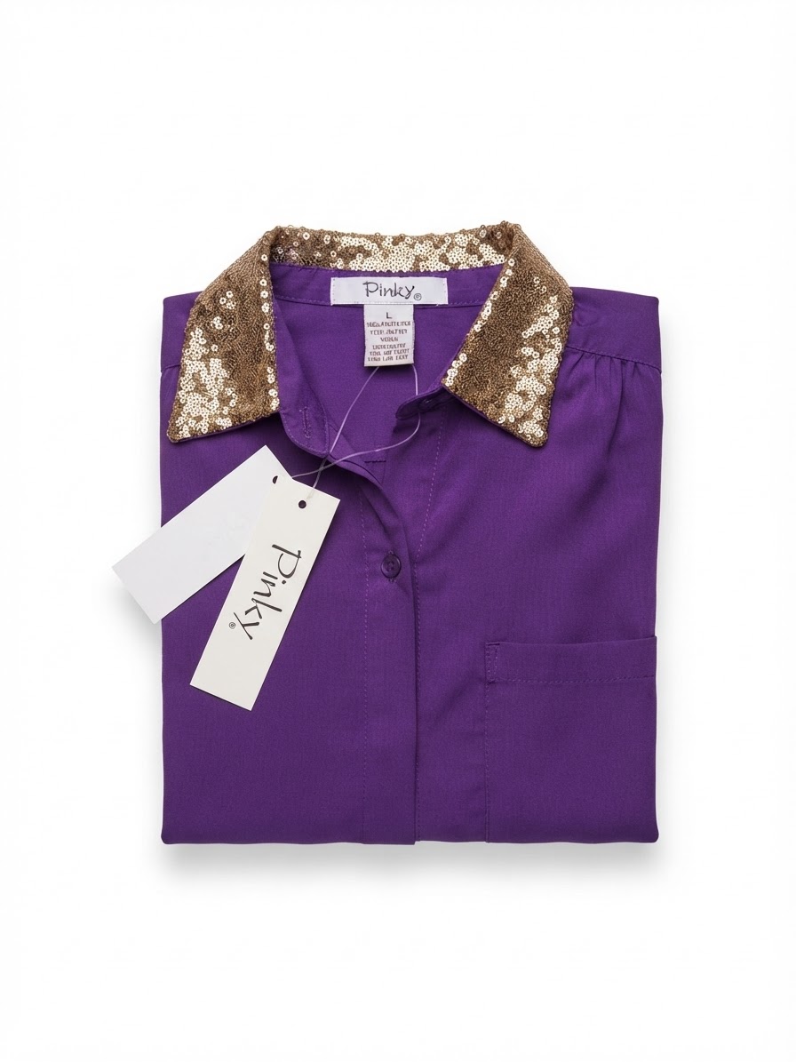 Vestido Camisero de Satén Púrpura con Cuello de Lentejuelas Doradas PINKY (M) NUEVO CON ETIQUETAS 3