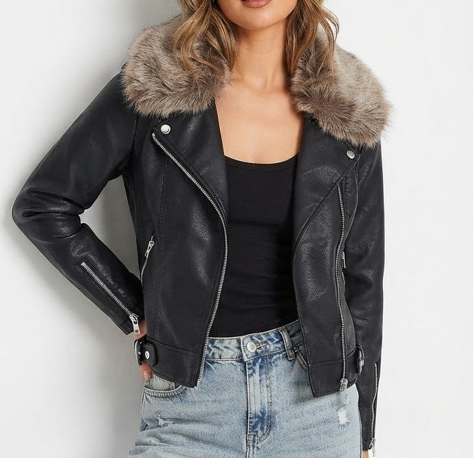 Chaqueta Biker Ecocuero con Cuello de Piel Sintética Desmontable TOPSHOP (XS-34) NUEVO 1