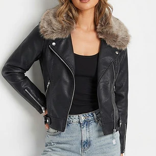 Chaqueta Biker Ecocuero con Cuello de Piel Sintética Desmontable TOPSHOP (XS-34) NUEVO