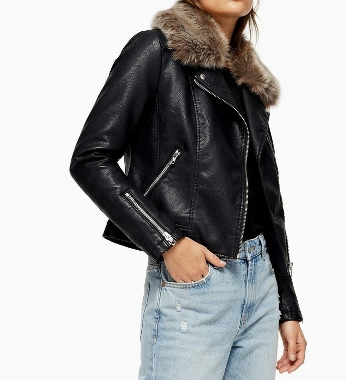 Chaqueta Biker Ecocuero con Cuello de Piel Sintética Desmontable TOPSHOP (XS-34) NUEVO 2