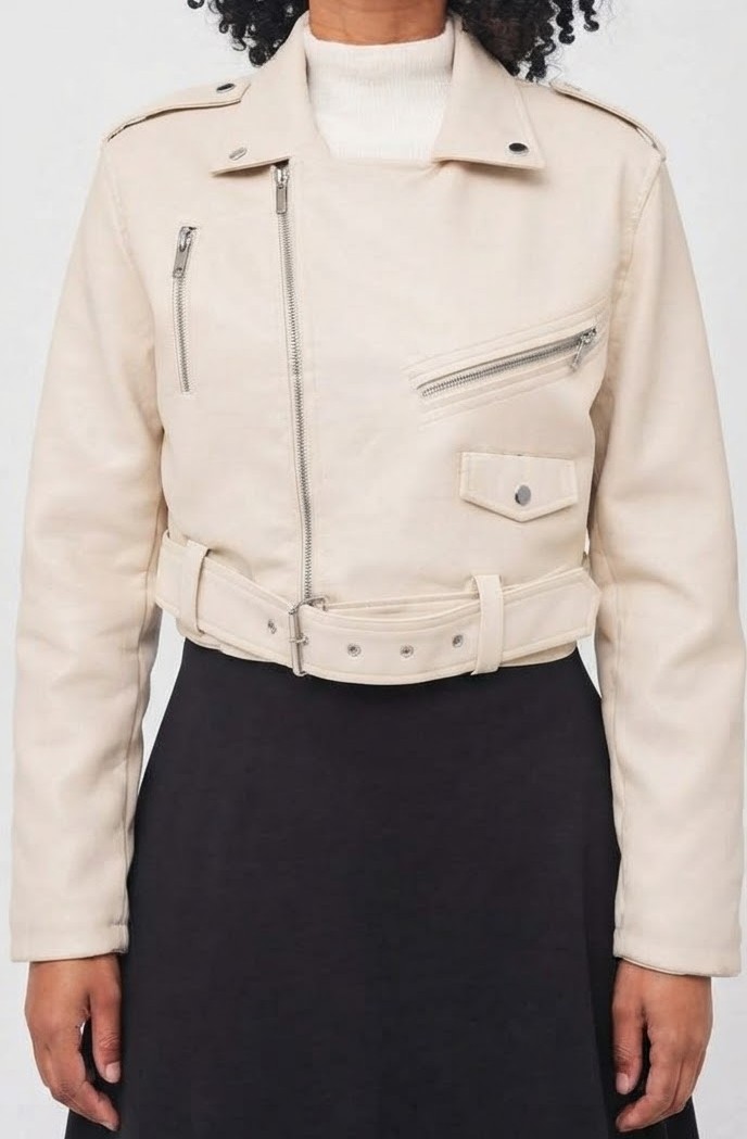 Chaqueta Biker Cropped de Ecocuero Beige con Cinturón TOPSHOP (L) NUEVO CON ETIQUETAS 1