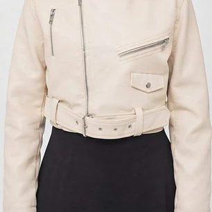 Chaqueta Biker Cropped de Ecocuero Beige con Cinturón TOPSHOP (L) NUEVO CON ETIQUETAS