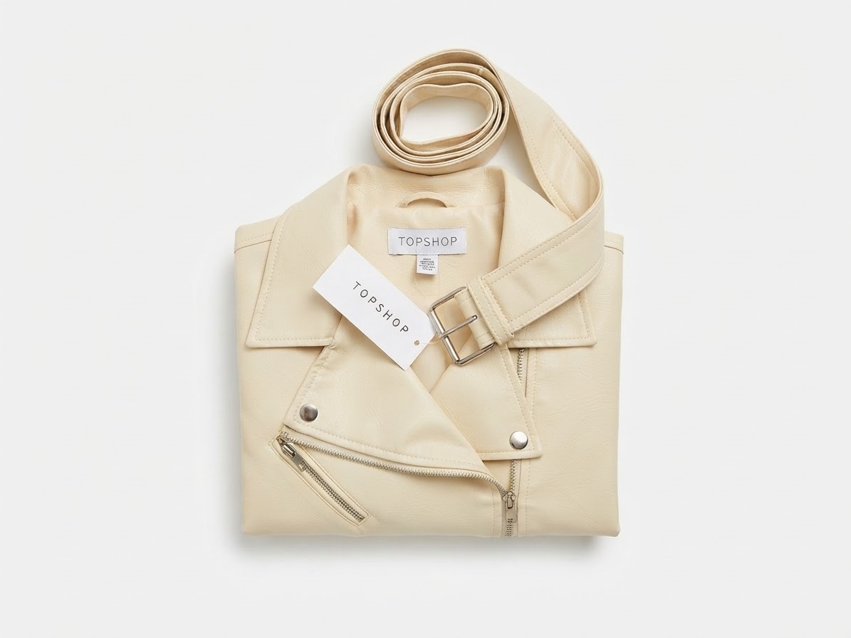 Chaqueta Biker Cropped de Ecocuero Beige con Cinturón TOPSHOP (L) NUEVO CON ETIQUETAS 3
