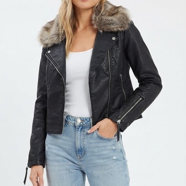 Chaqueta Biker de Cuero Sintético con Cuello de Piel Sintética Desmontable TOPSHOP (M-40) SHOWROOM 1