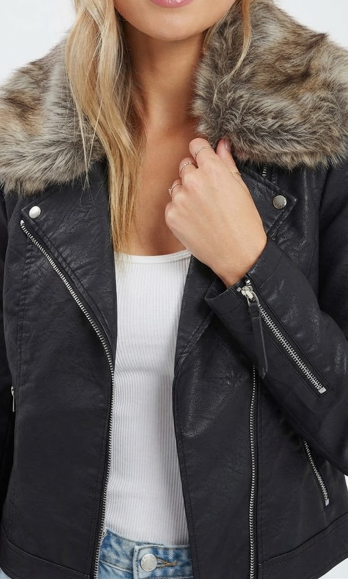 Chaqueta Biker de Cuero Sintético con Cuello de Piel Sintética Desmontable TOPSHOP (M-40) SHOWROOM 4