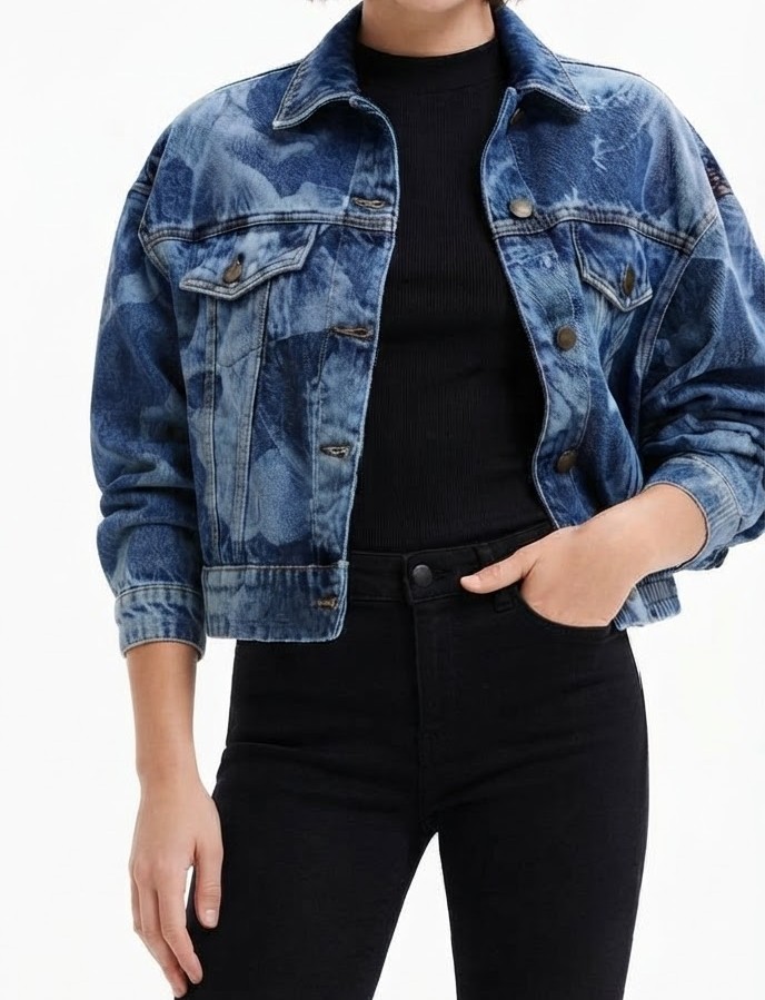 Chaqueta Mezclilla Estampado Floral Láser y Pretina Elástica DESIGUAL (XS) NUEVO CON ETIQUETAS 1