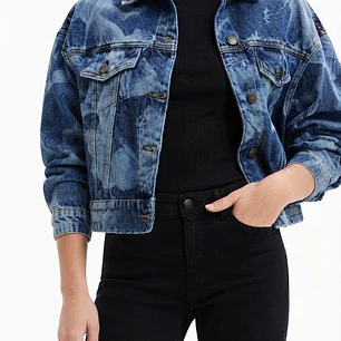 Chaqueta Mezclilla Estampado Floral Láser y Pretina Elástica DESIGUAL (XS) NUEVO CON ETIQUETAS
