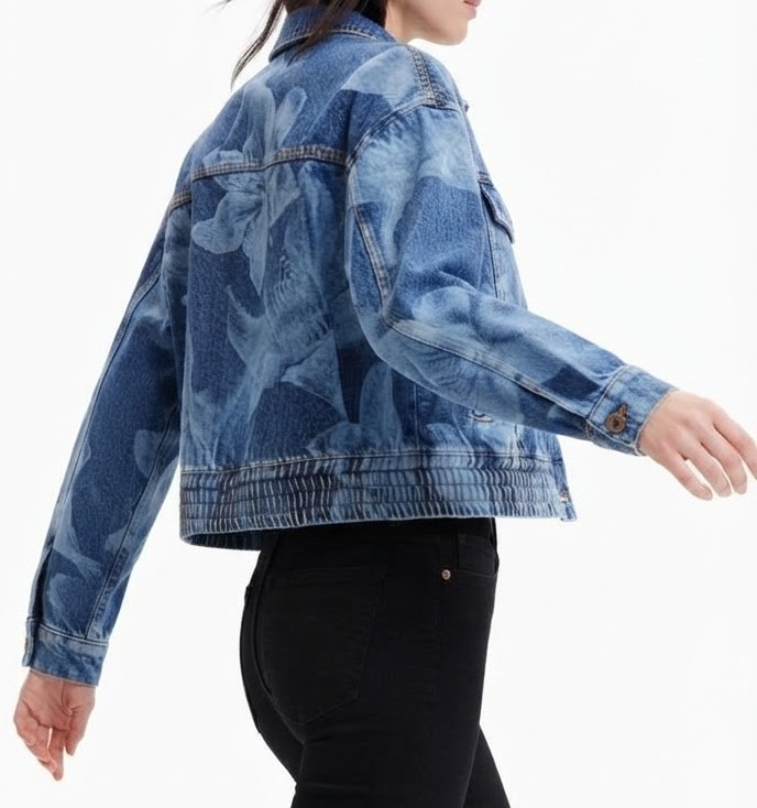 Chaqueta Mezclilla Estampado Floral Láser y Pretina Elástica DESIGUAL (XS) NUEVO CON ETIQUETAS 2