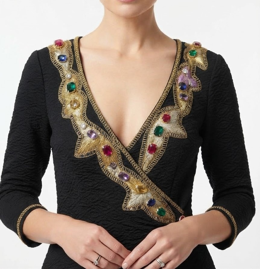 Blusa Top Cruzado Texturizado con Pedrería y Bordado Dorado ANN BALON CREAZIONI ITALIANE (S-M) SHOWROOM 1