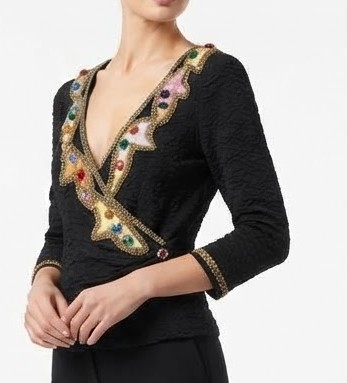 Blusa Top Cruzado Texturizado con Pedrería y Bordado Dorado ANN BALON CREAZIONI ITALIANE (S-M) SHOWROOM 3