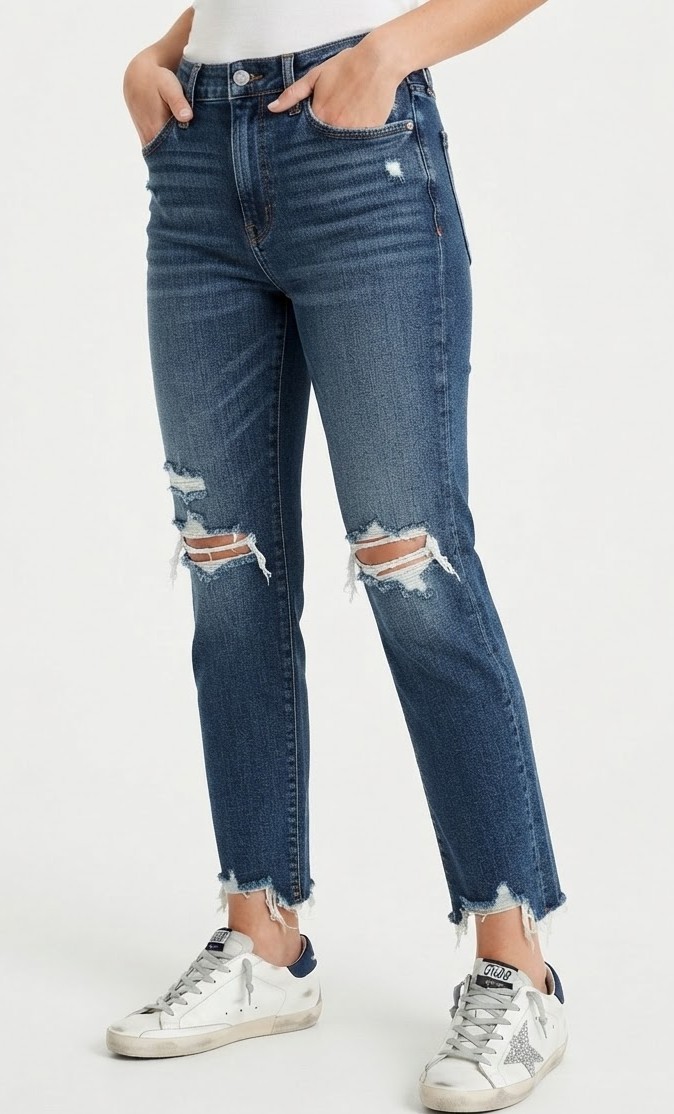 Pantalón Jeans Mezclilla Azul con Roturas y Ruedo Deshilachado AMERICAN EAGLE (XS) NUEVO 1
