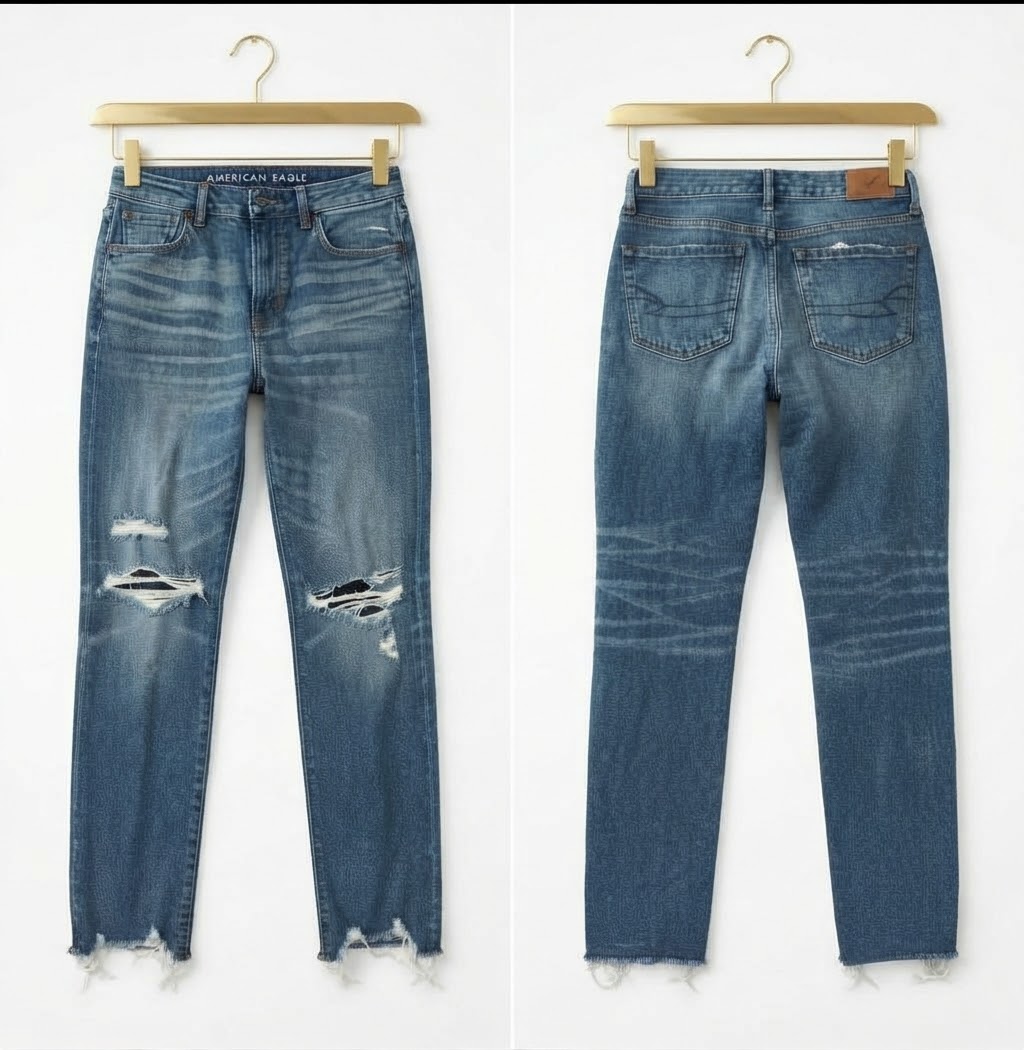 Pantalón Jeans Mezclilla Azul con Roturas y Ruedo Deshilachado AMERICAN EAGLE (XS) NUEVO 3