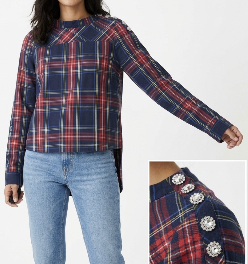 Camisa Tartán Funnel Neck Botón Pedrería J.CREW (S-M) NUEVO 2
