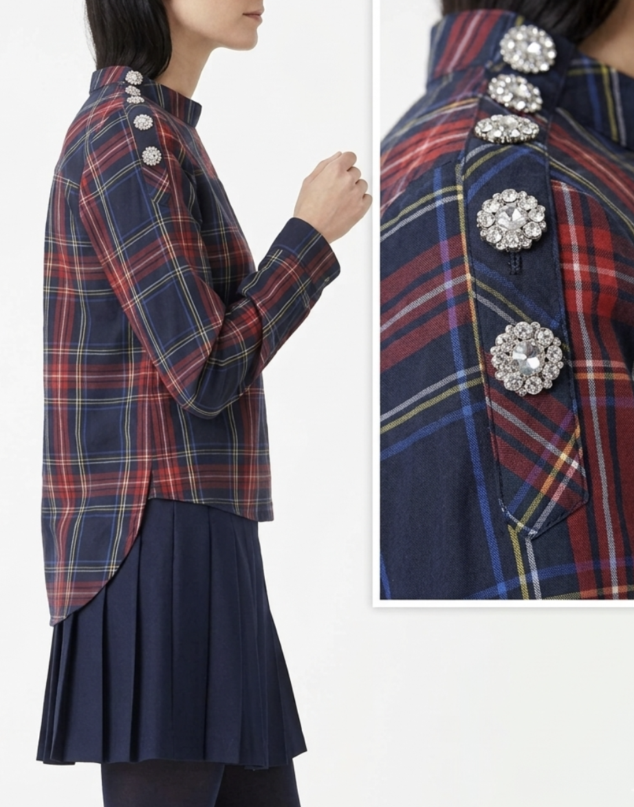 Camisa Tartán Funnel Neck Botón Pedrería J.CREW (S-M) NUEVO 1