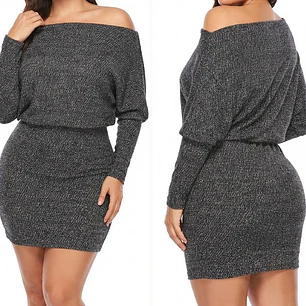 Vestido Corto Tejido Off-Shoulder Manga Murciélago Jaspeado FASHION NOVA (M-L) NUEVO CON ETIQUETAS